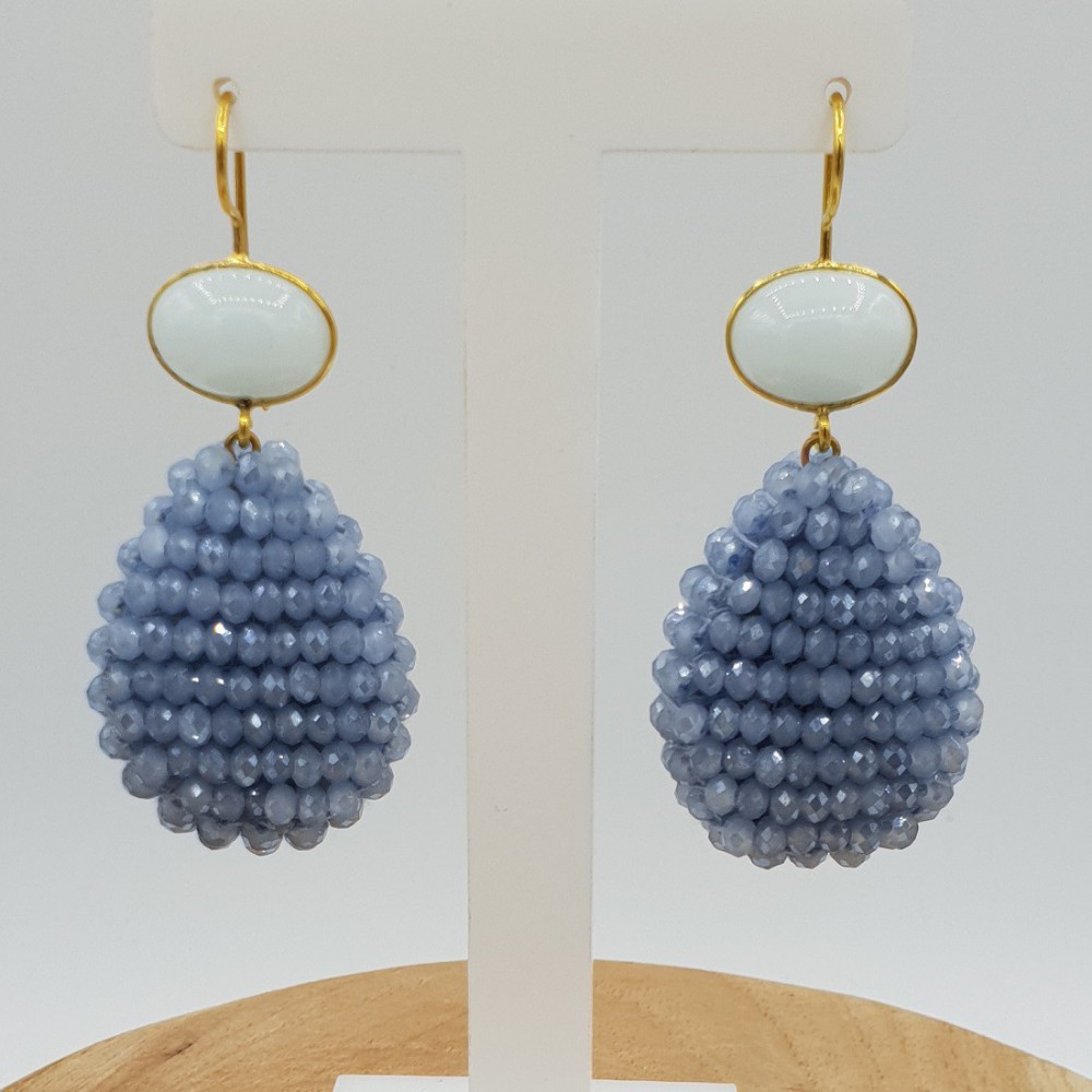 Gold plated earrings with white Chalcedony and a drop of blue crystals