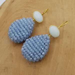 Gold plated earrings with white Chalcedony and a drop of blue crystals
