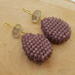 Gold plated earrings with Smokey Topaz and drop of purple crystals