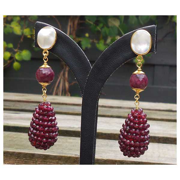 Gold plated earrings with Pearl, Ruby and drop Grenades
