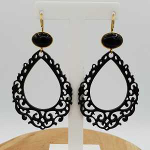 Gold plated earrings with black buffalo horn and black Onyx