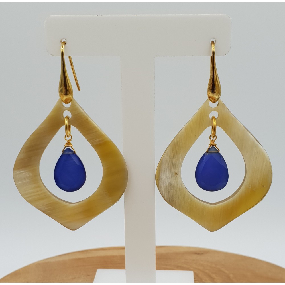 Earrings with buffalo horn and blue Chalcedony quartz