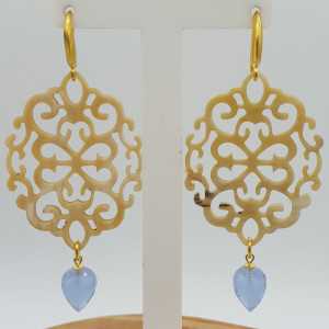 Gold plated earrings with buffalo horn and Aquamarine quartz