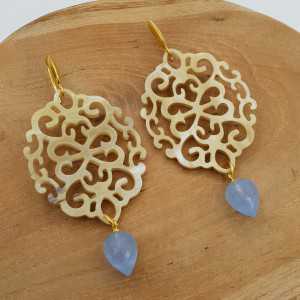 Gold plated earrings with buffalo horn and Aquamarine quartz