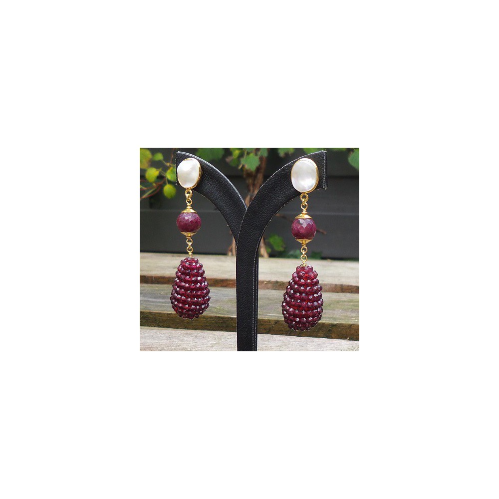 Gold plated earrings with Pearl, Ruby and drop Grenades