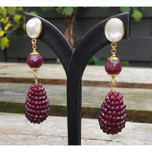 Gold plated earrings with Pearl, Ruby and drop Grenades