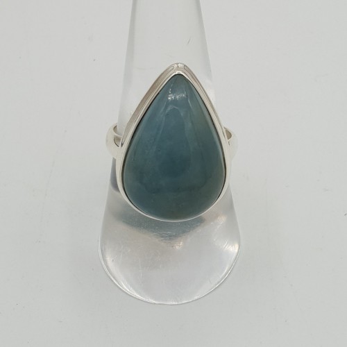 Zilveren ring gezet met druppelvormige cabochon Aquamarijn 18.5 mm