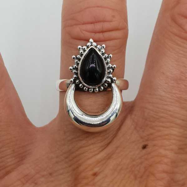 Silver moon ring set with black Onyx