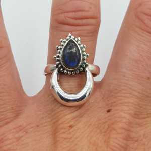 Silver moon ring set with Labradorite