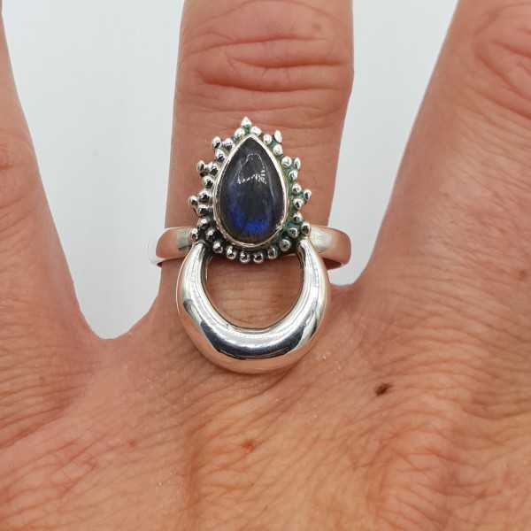 Silver moon ring set with Labradorite