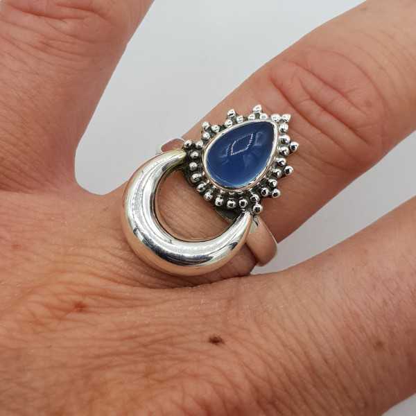 Silver moon ring with blue Chalcedony