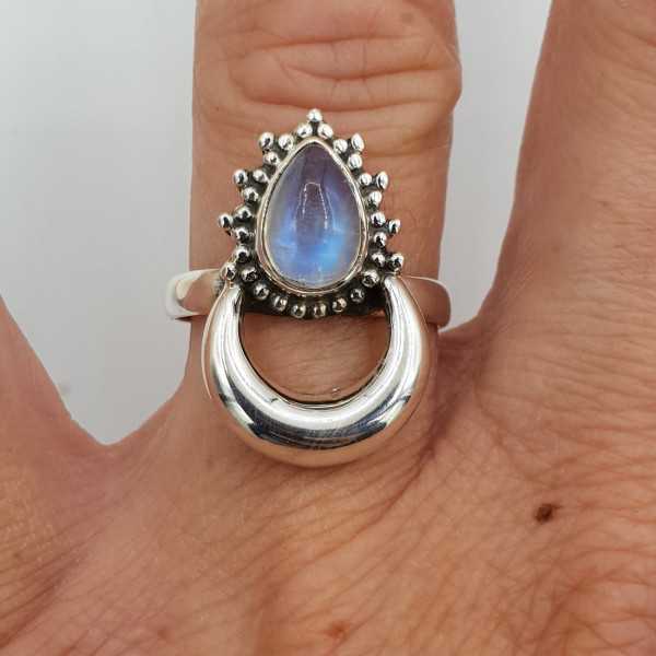 Silver moon ring set with rainbow Moonstone