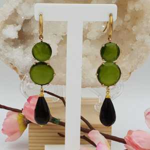 Gold plated earrings with green cats eye and Smokey Topaz
