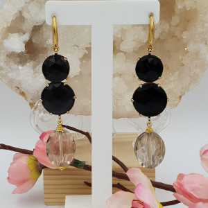 Gold plated earrings with black cat's eye and crystal