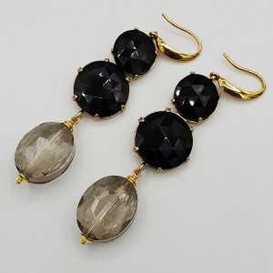 Gold plated earrings with black cat's eye and crystal