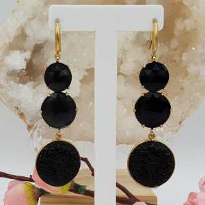 Gold plated earrings with black cat's eye and carved Onyx