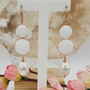 Rose gold plated earrings with white cats eye and Pearl