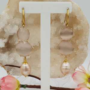 Gold plated earrings with orange cats eye and Pearl