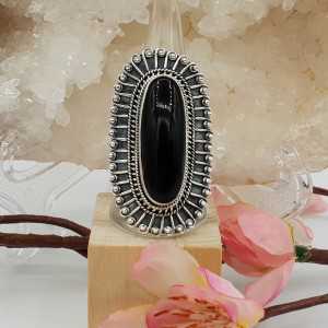 Silber ring mit großem ovalen geschnitzten Kopf mit schwarzen Onyx-18,5 mm