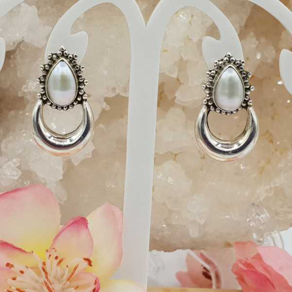 Silver moon oorknoppen set with Pearl
