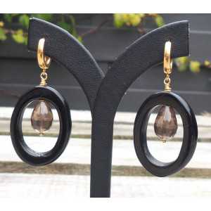 Gold plated earrings with oval Onyx ring and Smokey Topaz briolet 