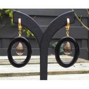 Vergoldete Ohrringe mit ovalen Onyx-ring und Smokey Topaz briolet 