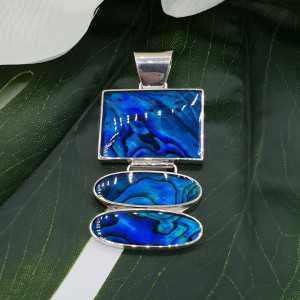 Zilveren hanger met rechthoekige en ovale blauw Abalone schelp