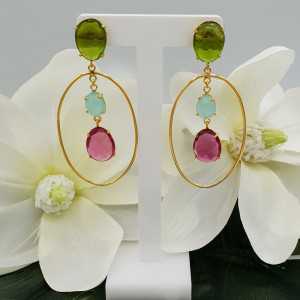 Gold plated earrings with Chalcedony Peridot and pink Tourmaline quartz