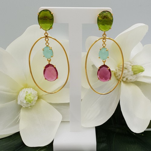 Vergulde oorbellen met Chalcedoon Peridot en roze Toermalijn quartz