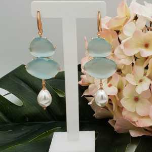 Rosé gold-plated earrings with mint green cats eye and Pearl
