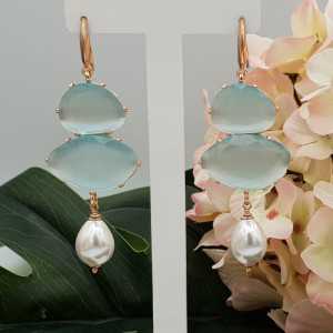 Rosé gold-plated earrings with mint green cats eye and Pearl