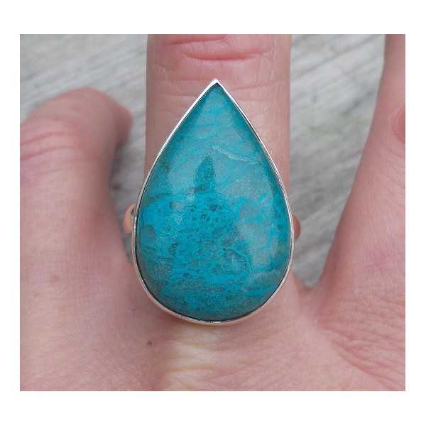 Silver ring set with oval shape Chrysocolla measure 19.7 mm 