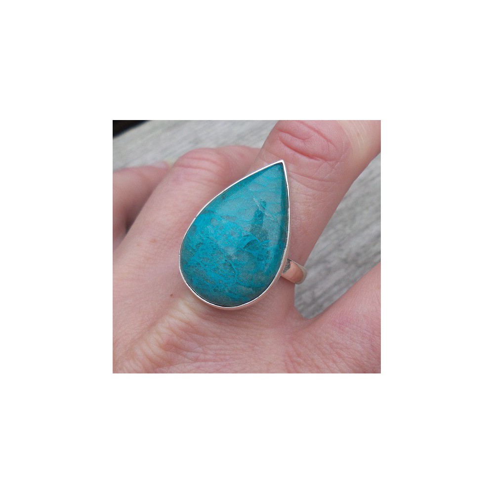 Silver ring set with oval shape Chrysocolla measure 19.7 mm 