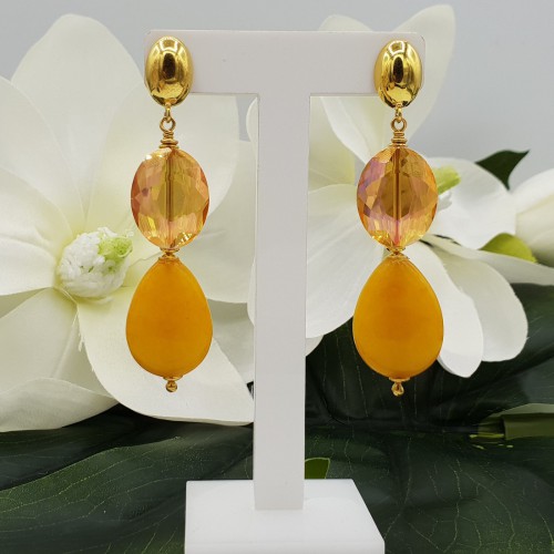 Vergulde oorbellen met gele Jade en kristal