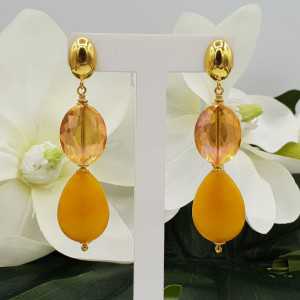 Gold plated earrings with yellow Jade and crystal