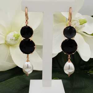 Rosé gold-plated earrings with black cat's eye and Pearl
