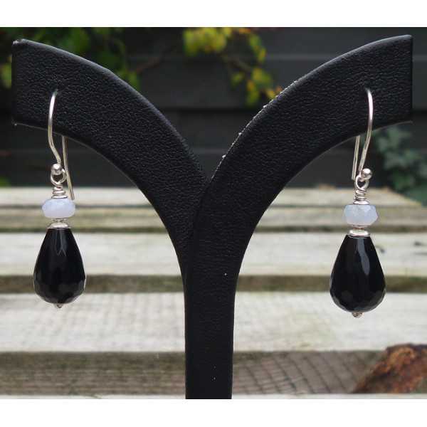 Silver earrings with black Onyx and blue Lace Agate 