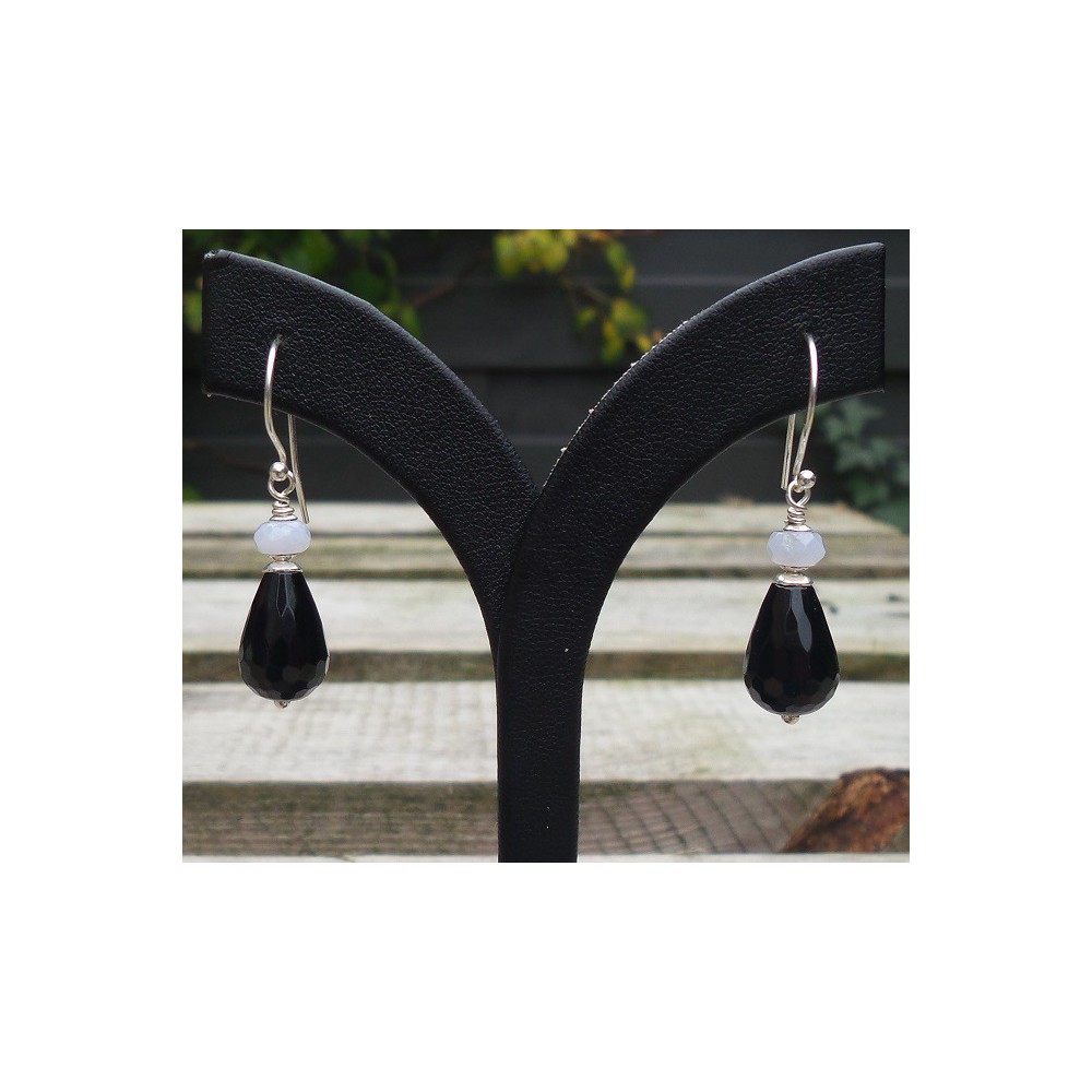 Silver earrings with black Onyx and blue Lace Agate 