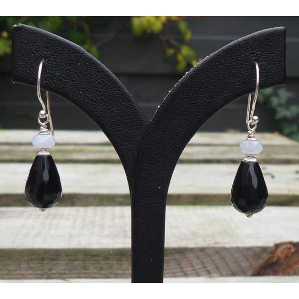 Silver earrings with black Onyx and blue Lace Agate 