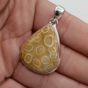 Silver pendant set with teardrop shaped Fossil Coral