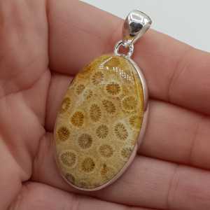 Silver pendant with oval Fossil Coral