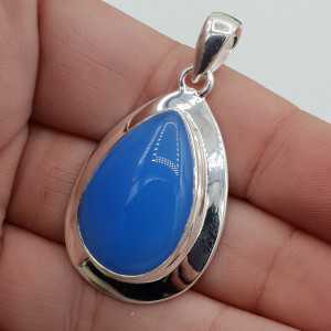 Silver pendant teardrop shaped blue Chalcedony in a tight setting