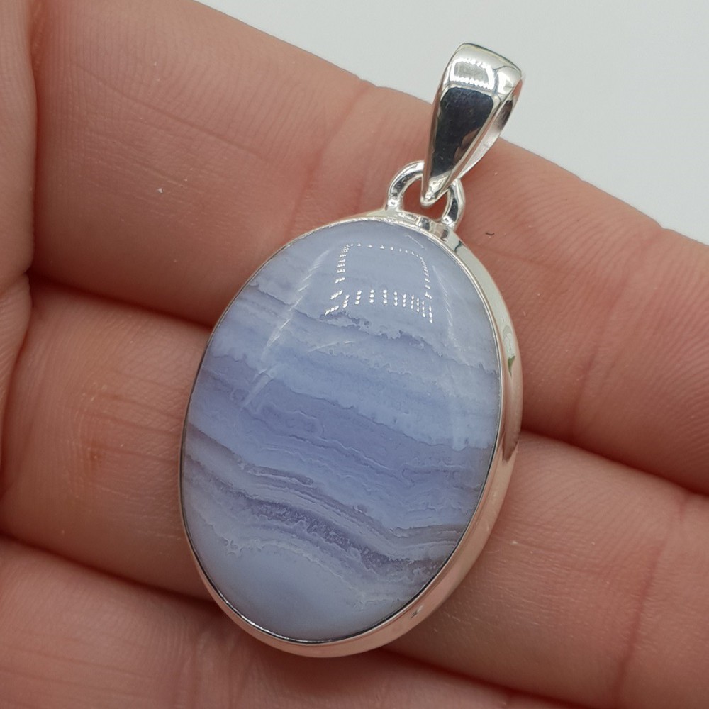 Zilveren hanger ovale cabochon blauw Lace Agaat