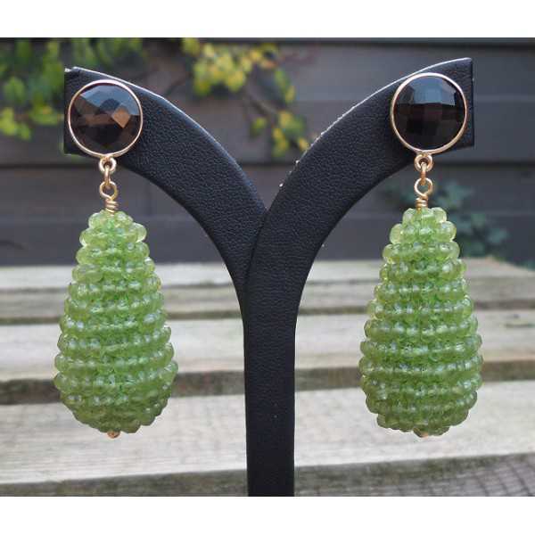 Gold plated earrings large drop of Peridot and round Smokey Topaz