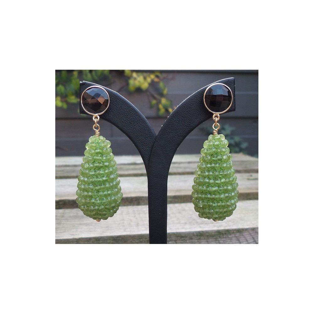 Gold plated earrings large drop of Peridot and round Smokey Topaz