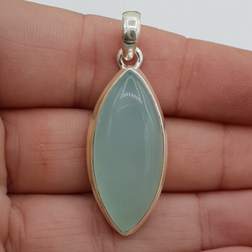 Zilveren hanger gezet met marquise cabochon aqua Chalcedoon