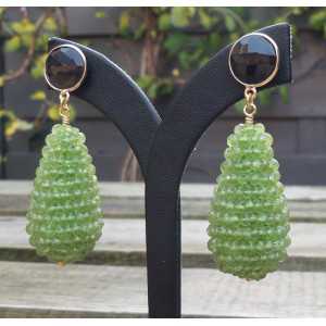 Gold plated earrings large drop of Peridot and round Smokey Topaz