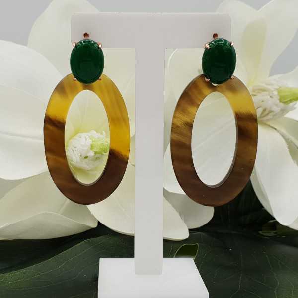 Rosé gold-plated oorknoppen with Aventurine and oval buffalo horn pendant