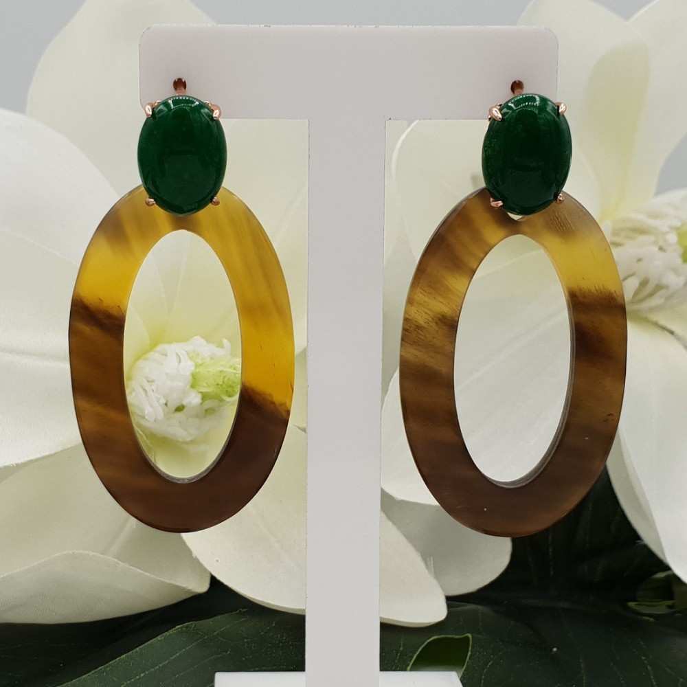 Rosé vergulde oorknoppen met Aventurijn en ovale Buffelhoorn hanger