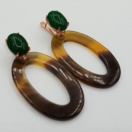 Rosé vergulde oorknoppen met Aventurijn en ovale Buffelhoorn hanger